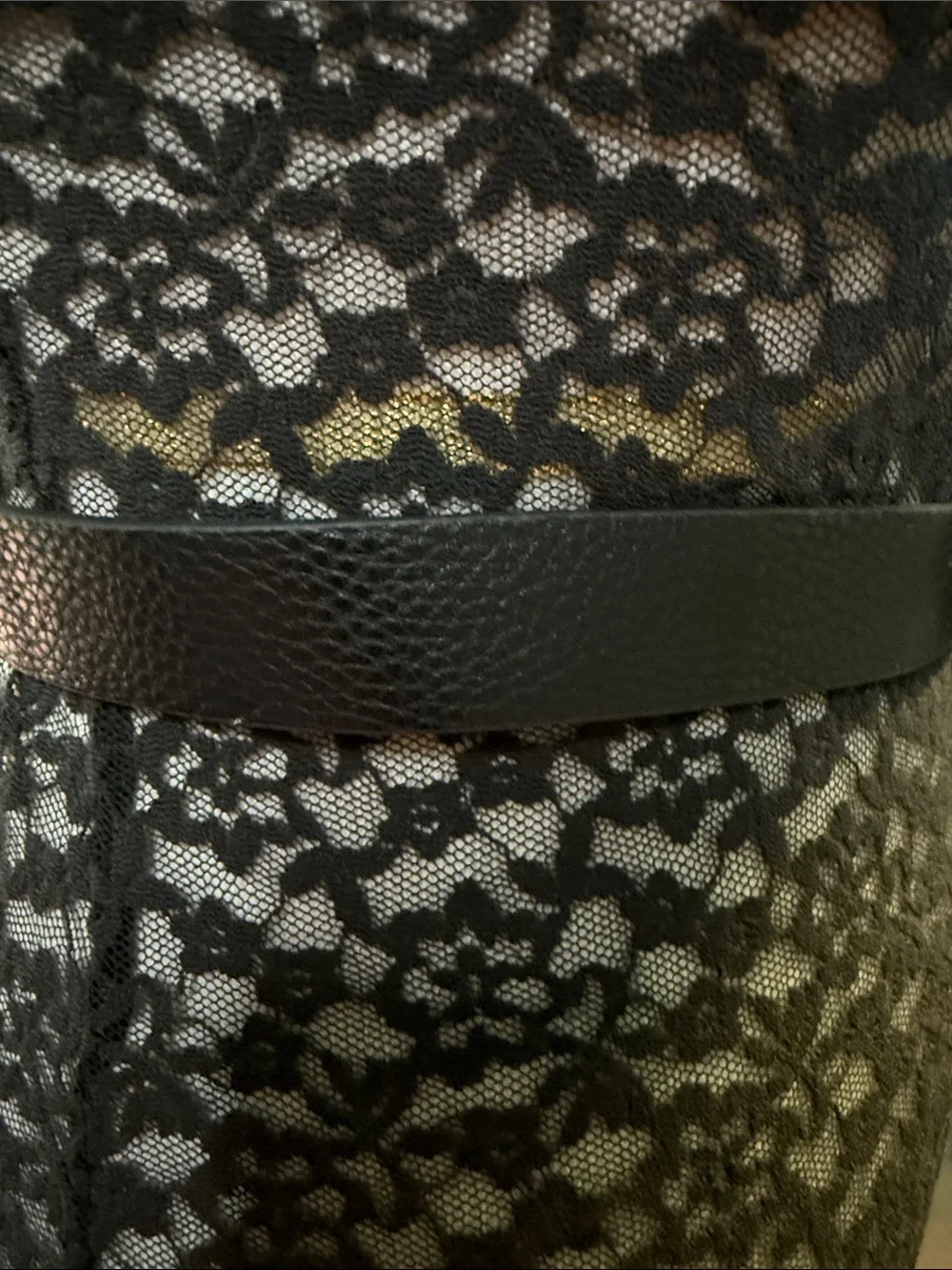 White House Black Market Black Floral Appliqué Waist Belt with Gold Bead Trim